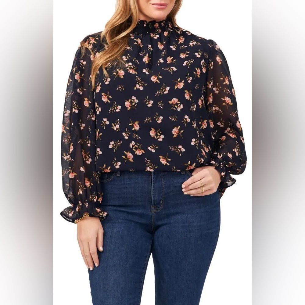 Micro Floral Print Smocked Mock Neck Blouse modest navy plus size 0X